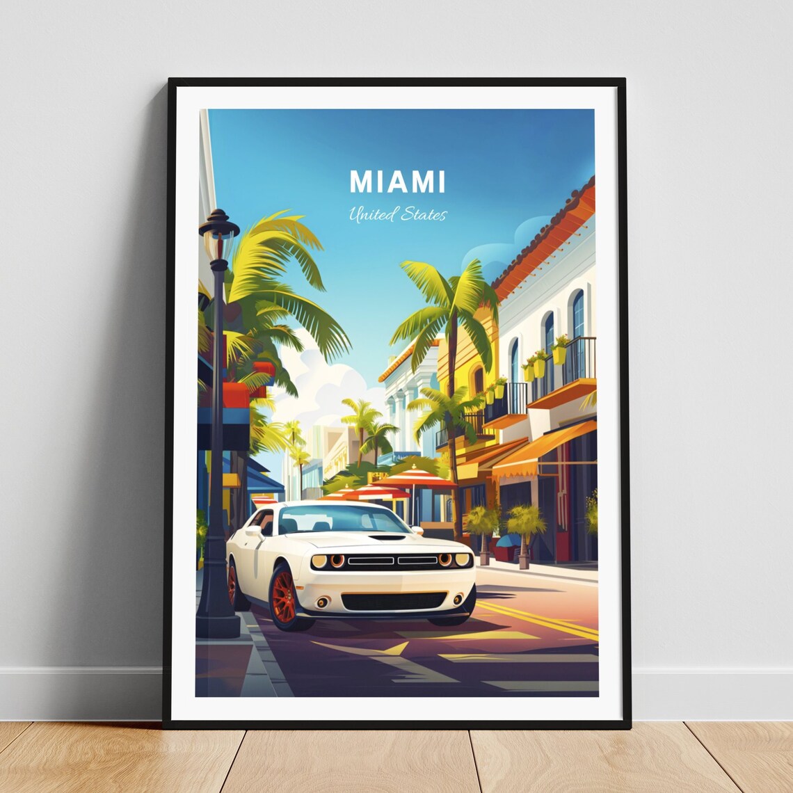 Miami United States White Muscle Car Palm Lined Street Travel Poster