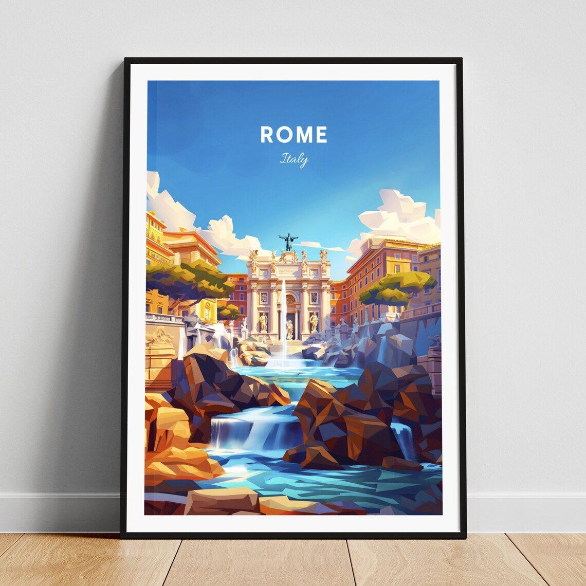 Rome Italy Trevi Fountain Baroque Landmark Sunny Day Travel Poster
