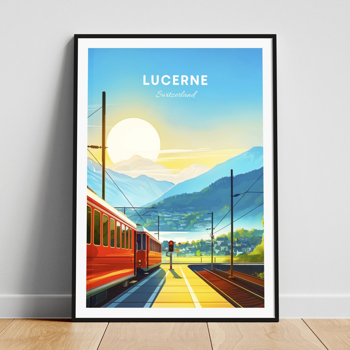 Lucerne Switzerland Red Train Station Mountain Sunrise Poster