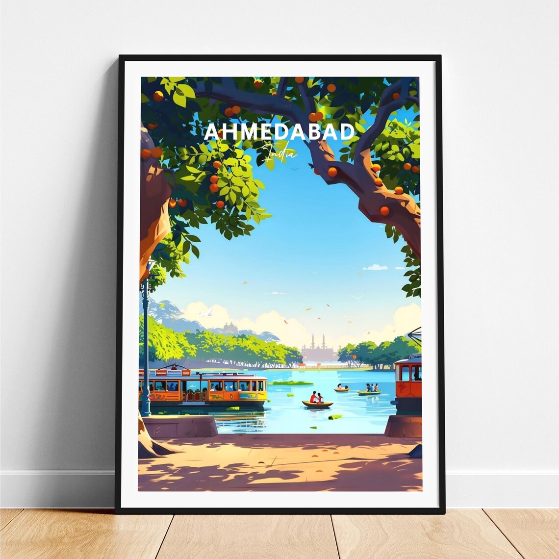 Ahmedabad Lake Houseboat Canoes Orange Tree India Travel Poster