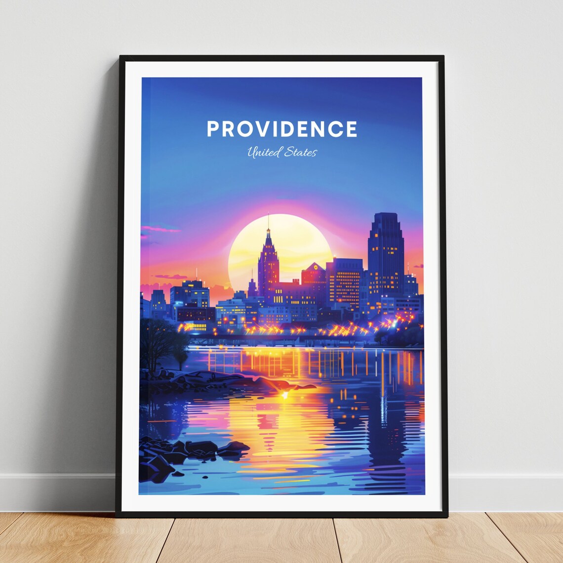 Providence Rhode Island Sunset Skyline River City Lights Travel Poster