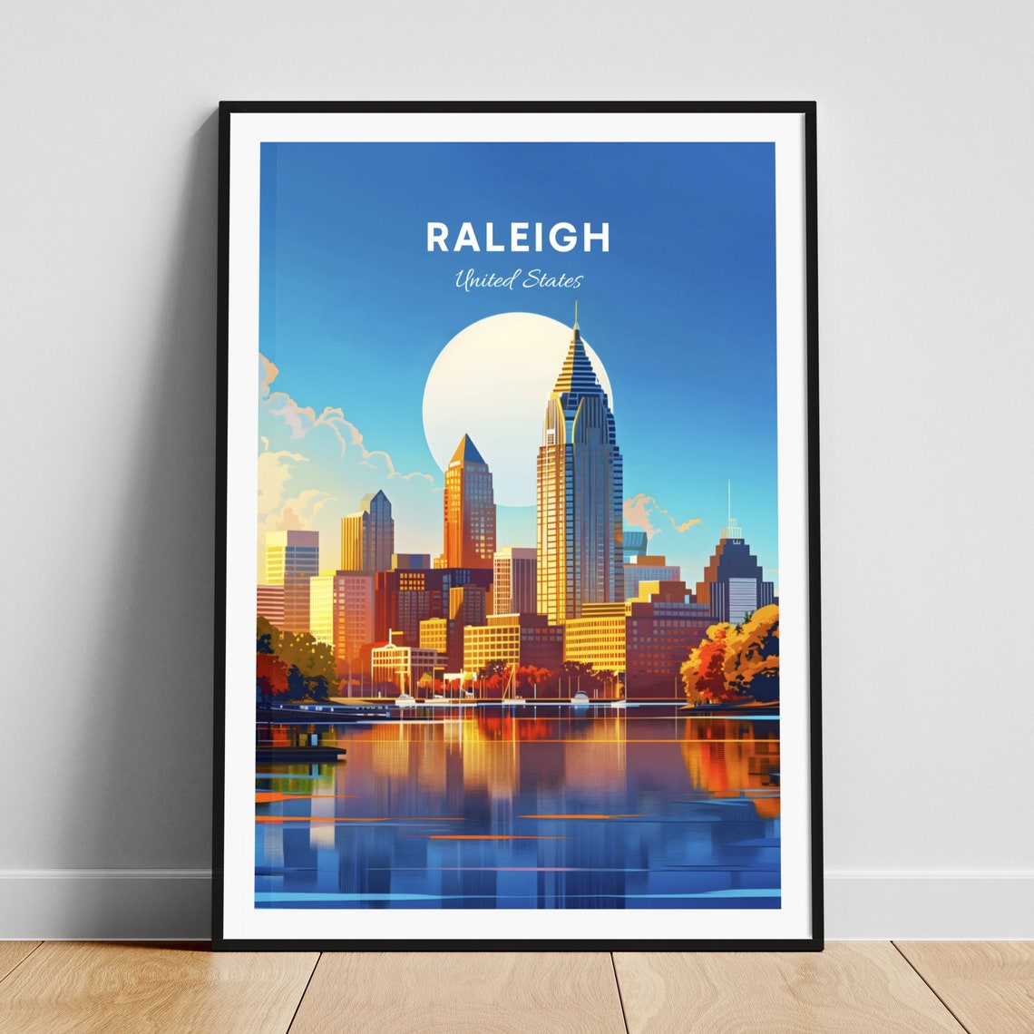 Raleigh North Carolina Skyline Waterfront Giant Sun Glow Poster