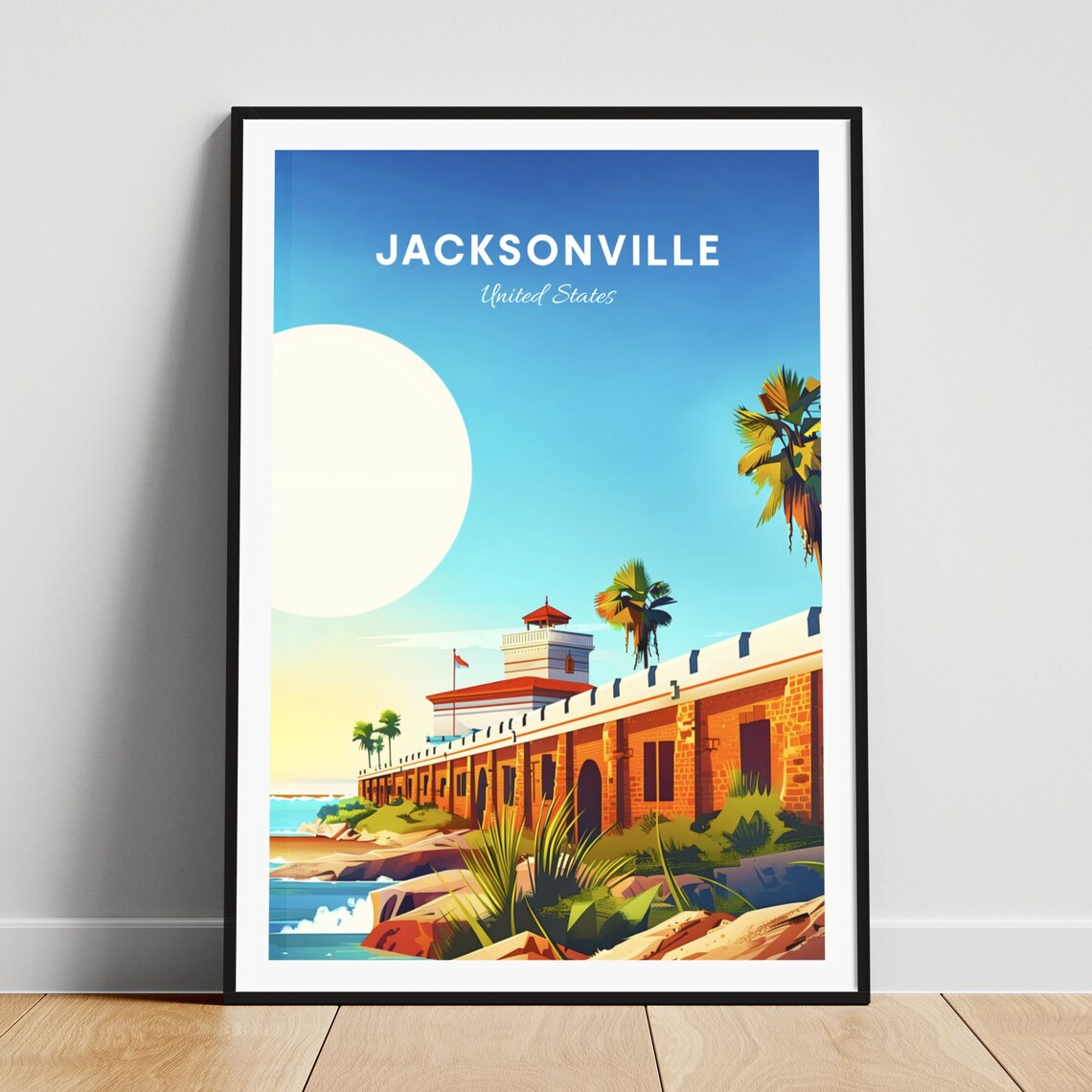 Jacksonville Florida Coastal Fort Tall Palms Sunny Travel Poster