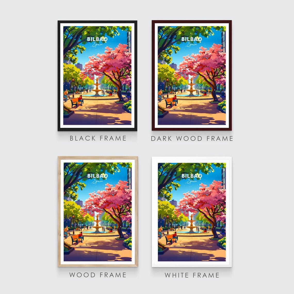 Bilbao Sunny Park Fountain Pink Blossom Trees City Life Travel Poster - Image 3