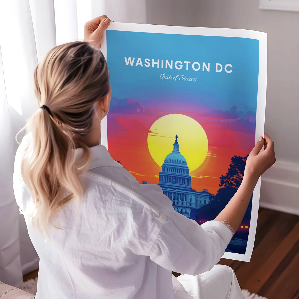 Washington DC Capitol Dome At Sunset Orange Skyline Travel Poster - Image 3