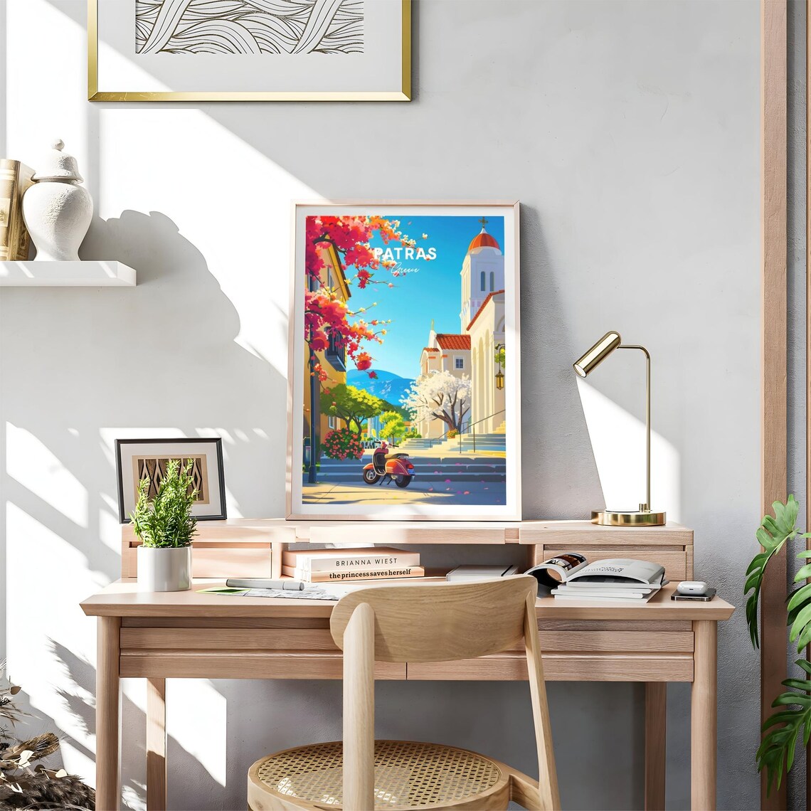 Patras Greece Church Street Red Scooter Spring Flower Travel Poster - Image 4