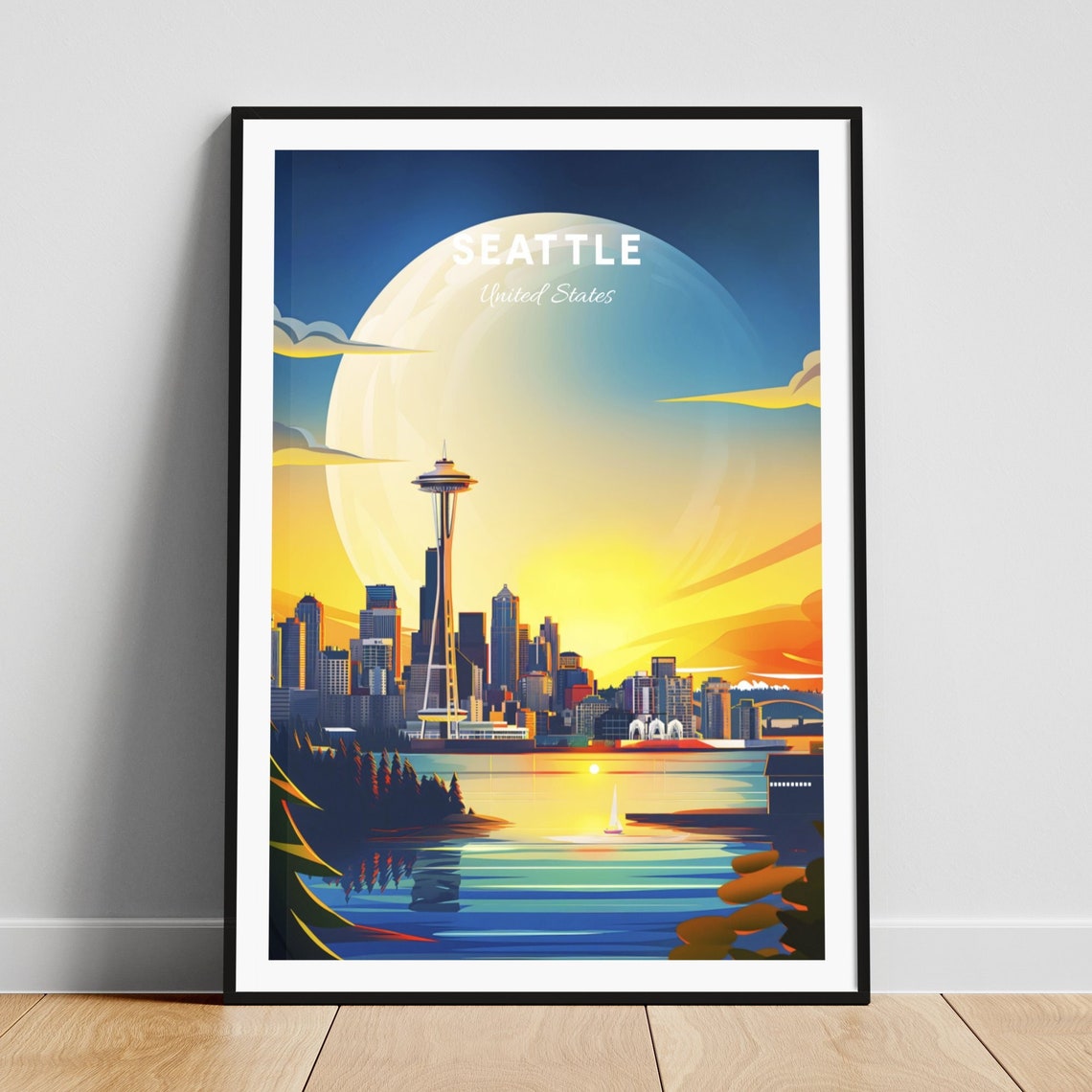 Seattle Washington Giant Moon Space Needle Sailboat Bay Travel Poster