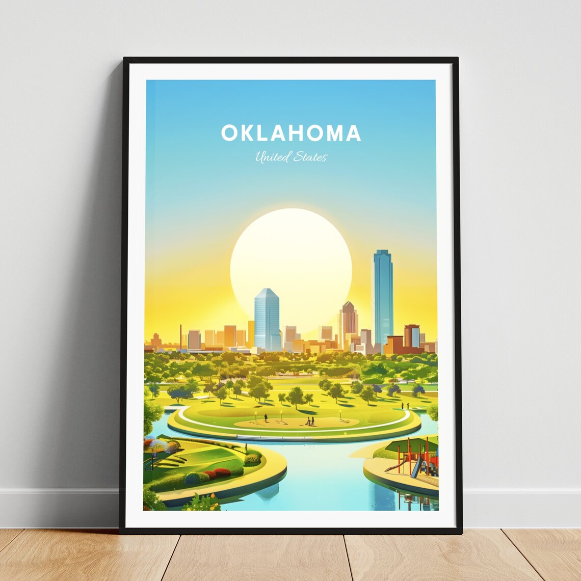 Oklahoma Big Sun City Park Skyline Warm Evening Glow Travel Poster