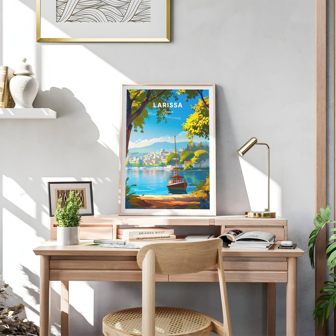 Larissa Greece Waterfront Town Sailboat Summer Travel Art Poster - Image 4
