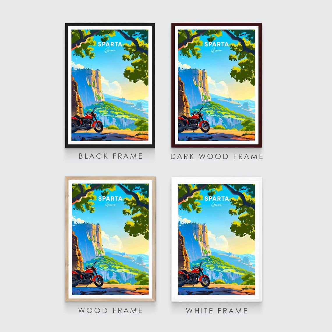 Sparta Greece Red Motorcycle Cliff Ledge Fortress Valley Travel Poster - Image 3