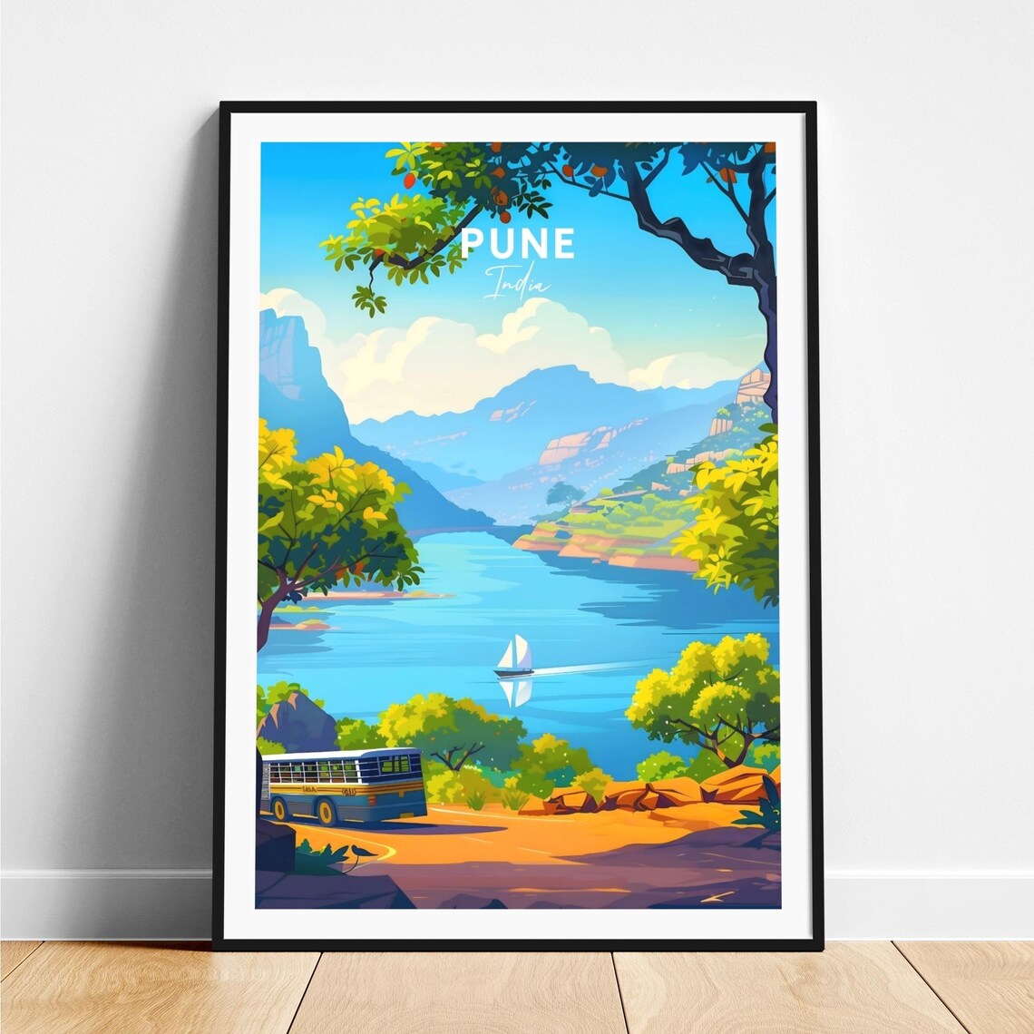 Pune Lake Sailboat Mountain Vista Bus Road India Travel Poster