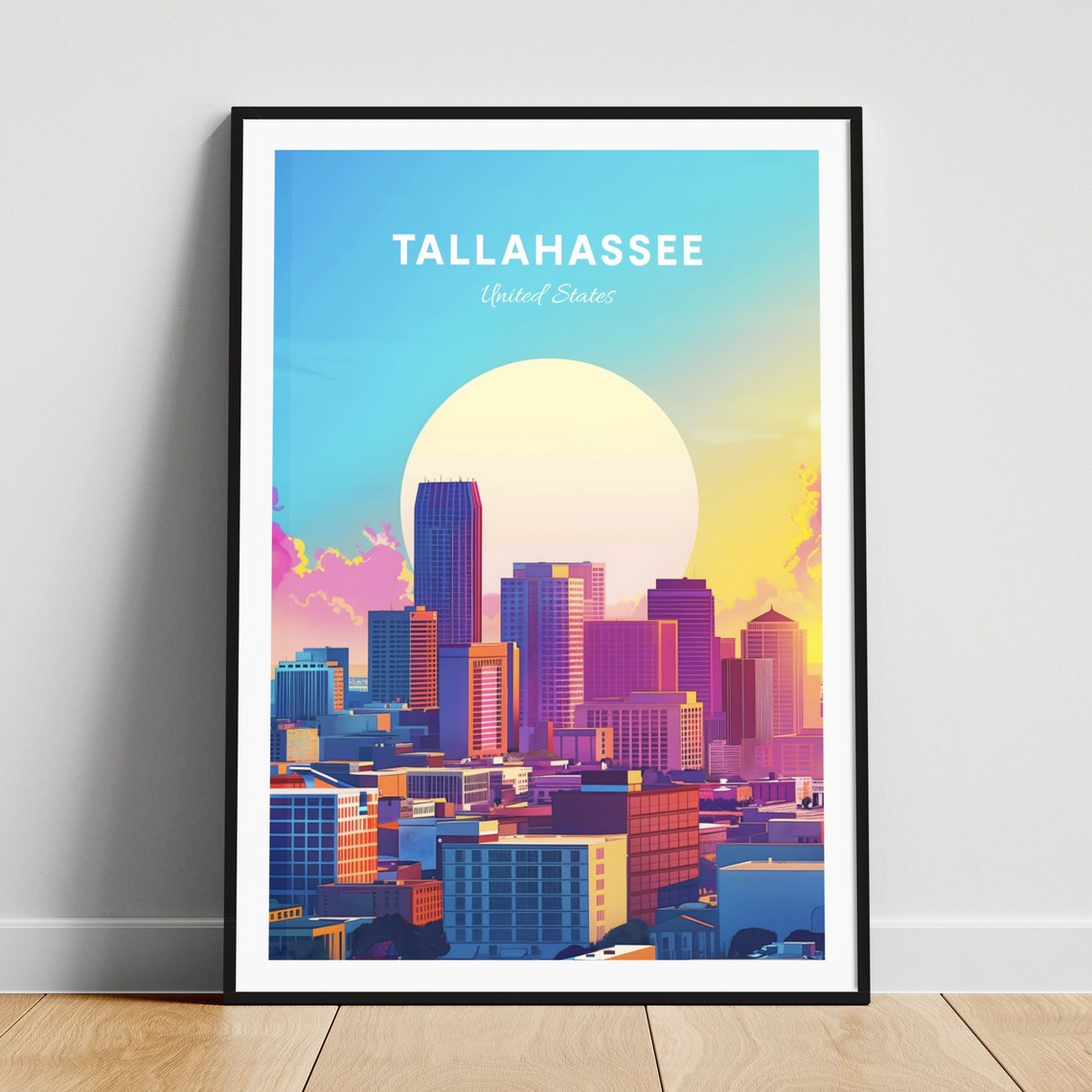 Tallahassee Florida Skyline At Sunset Colorful Travel Poster