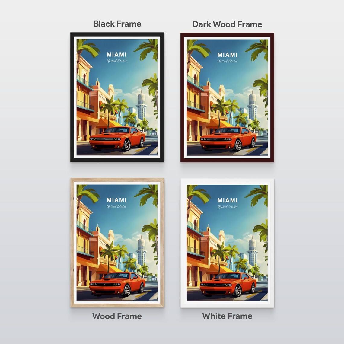 Miami United States Red Muscle Car Palm Street Skyline Travel Poster - Image 2