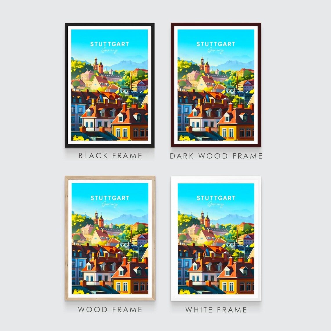 Stuttgart Sunny Old Town Rooftops Hills Germany Travel Poster - Image 3