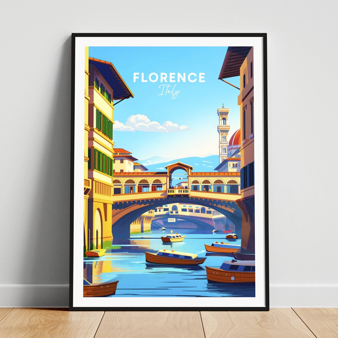 Florence Italy Ponte Vecchio Arno River Boats Vintage Travel Poster