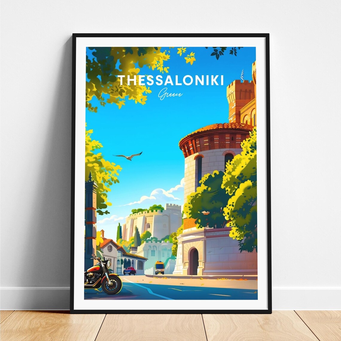 Thessaloniki Greece Castle Walls Motorcycle Day View Art Poster