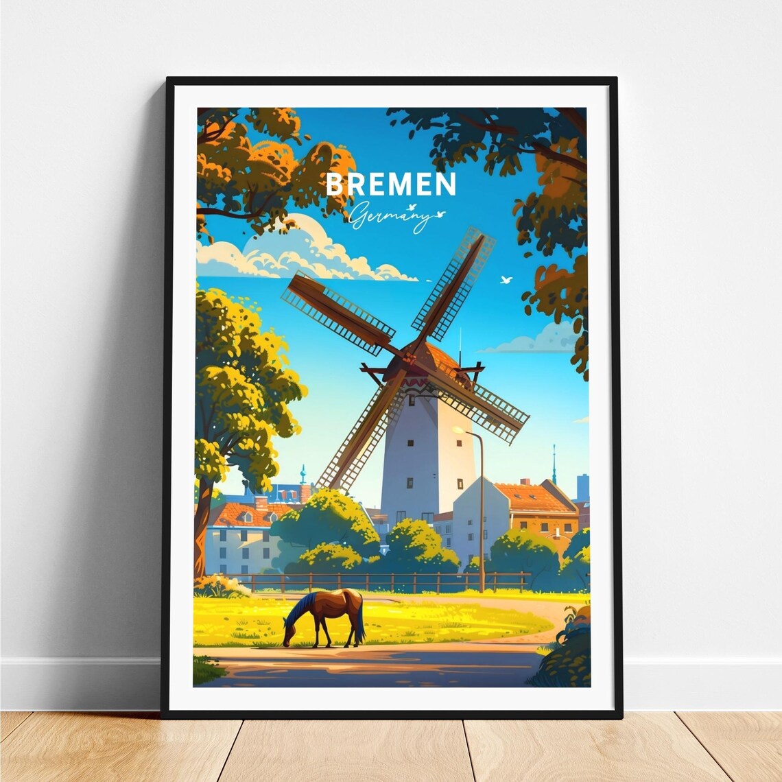 Bremen Germany Windmill Horse Meadow Blue Sky View Art Poster