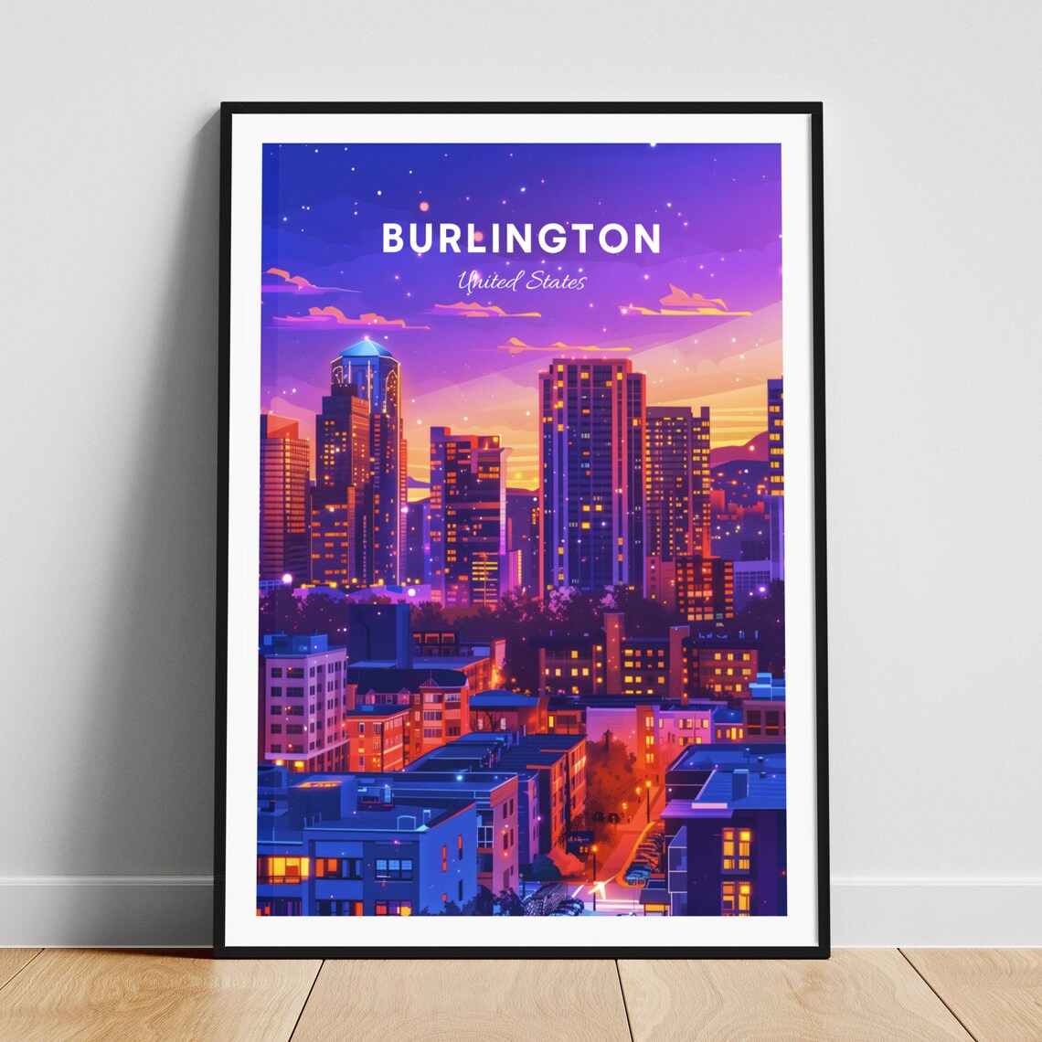 Burlington United States Night Skyline under Stars Travel Poster