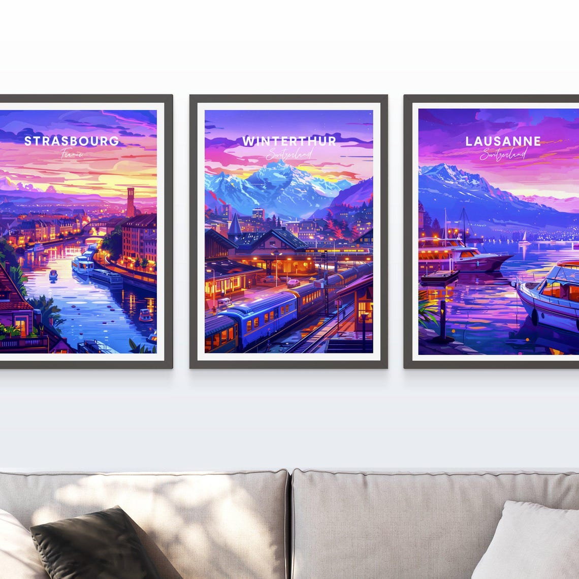 Winterthur Switzerland Night Train Station Snow Peaks Glow Poster - Image 3
