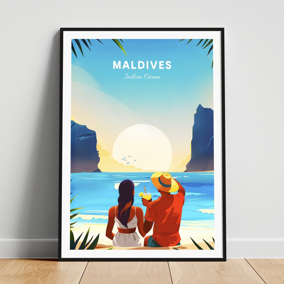 Maldives Beach Couple Watching the Sunset Over the Ocean Poster
