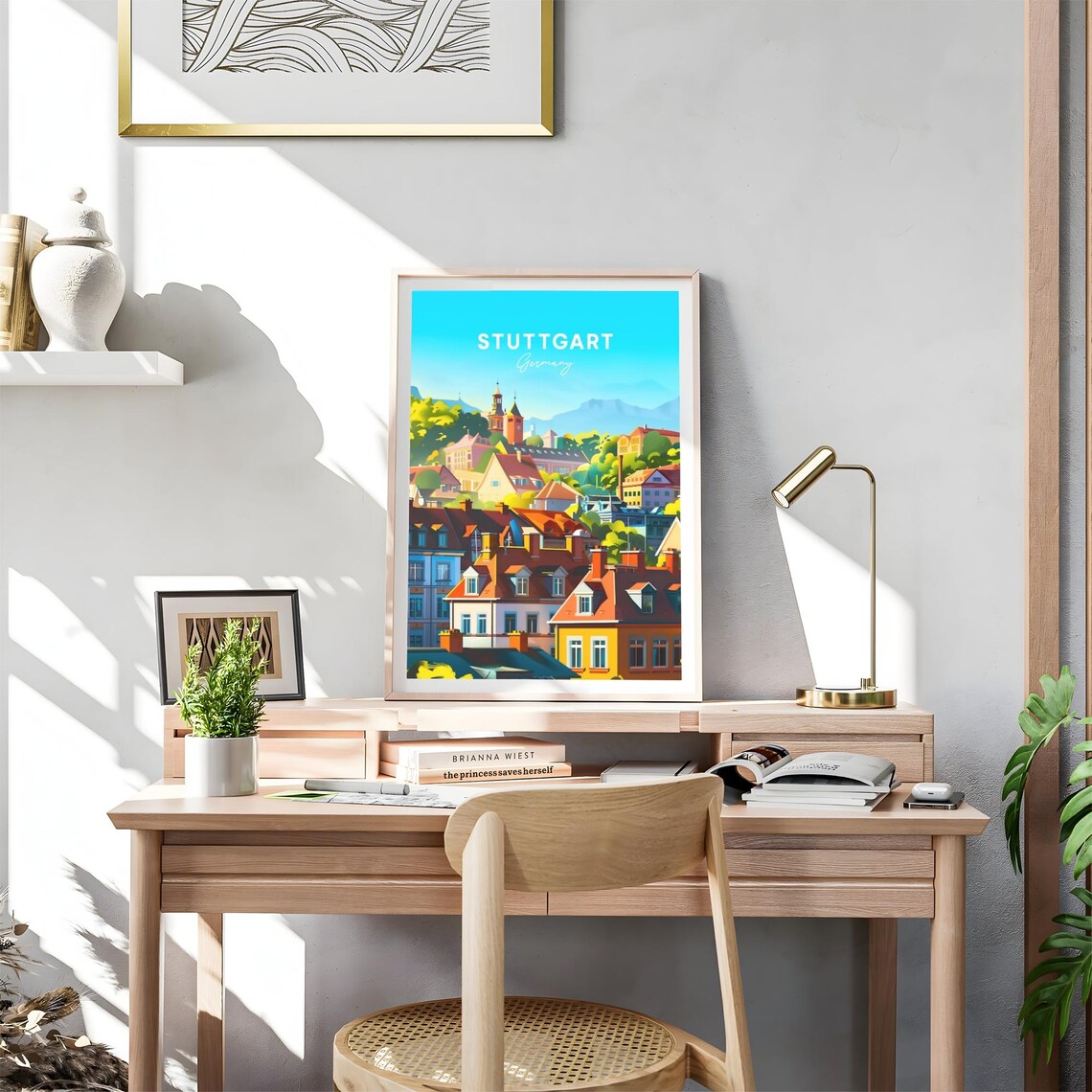 Stuttgart Sunny Old Town Rooftops Hills Germany Travel Poster - Image 4
