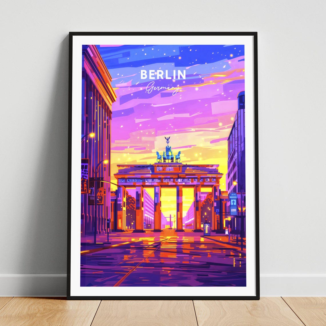 Berlin Germany Brandenburg Gate Neon Night Skyline Travel Poster