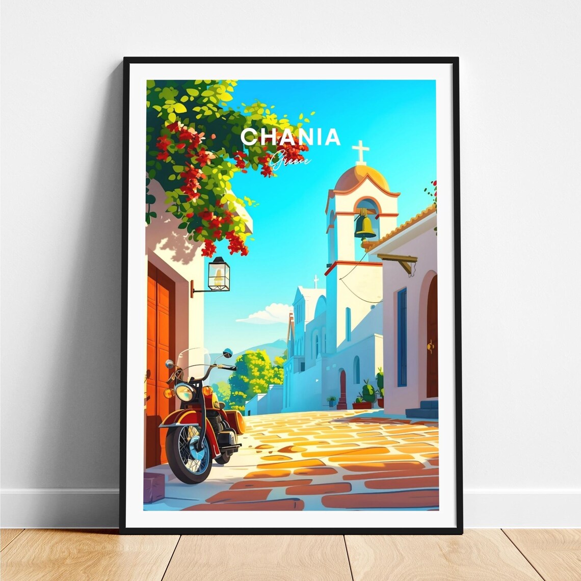 Chania Greece Old Town Street Motorcycle Church Bell Travel Poster