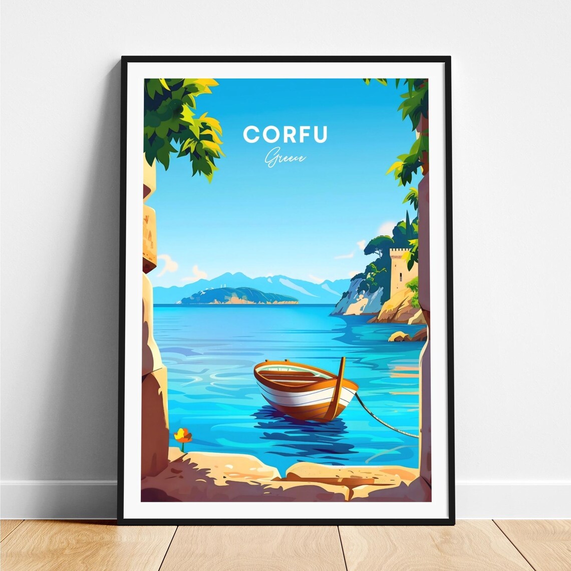 Corfu Greece Stone Arch Boat Tower Coastal View Travel Poster