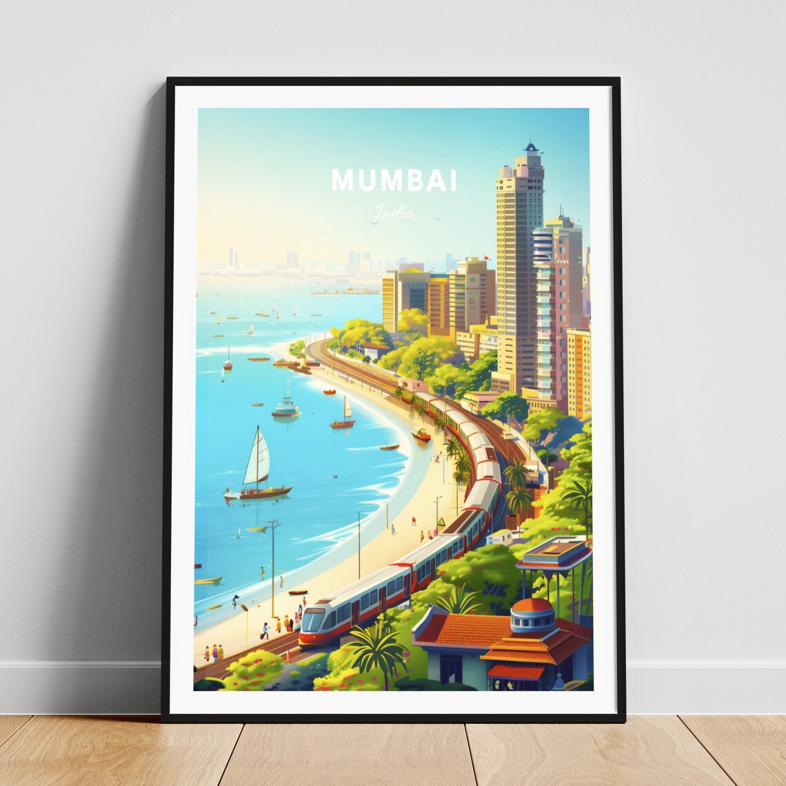 Mumbai India Marine Drive Coastal Train Sailboats Travel Poster