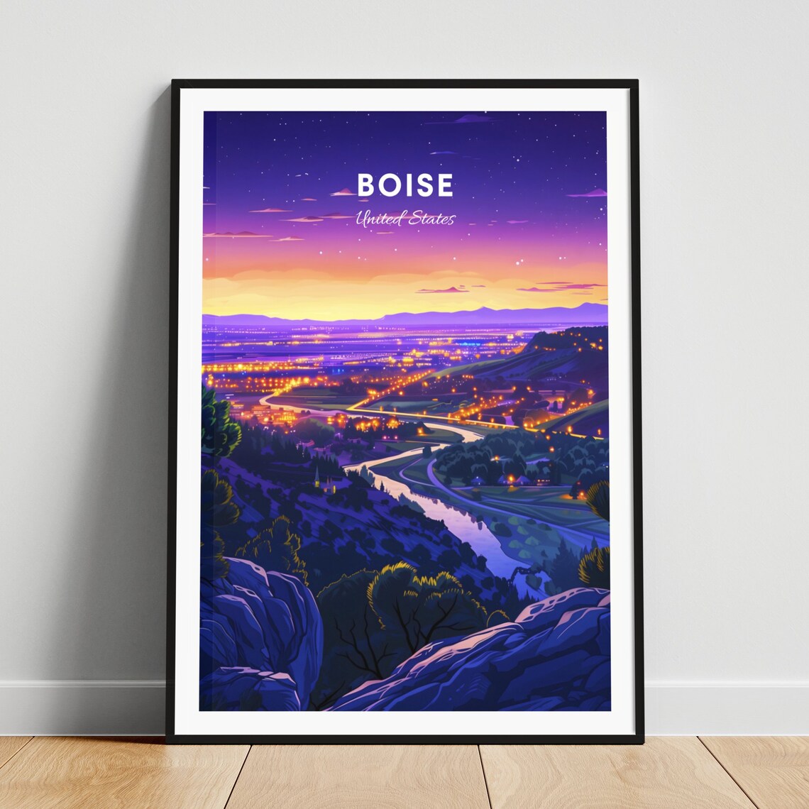 Boise United States Night City Lights Overlook Travel Poster