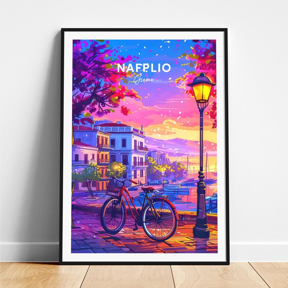 Nafplio Greece Red Bicycle Harbor Sunset Blossom Travel Poster