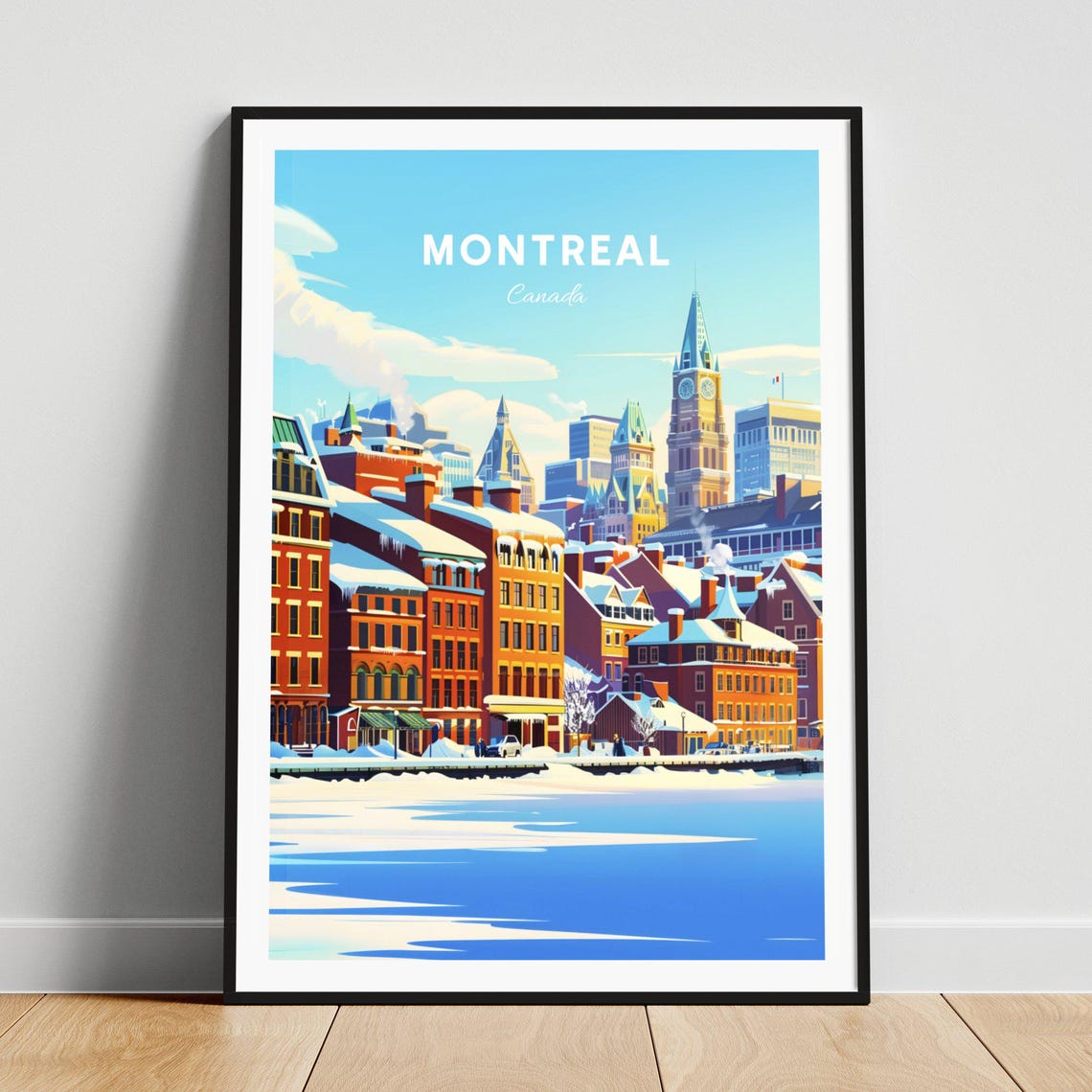 Montreal Canada Winter Old Town with Snow Clock Tower Poster