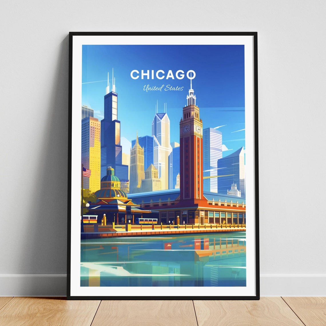 Chicago Illinois Waterfront Terminal Clock Tower Skyline Travel Poster