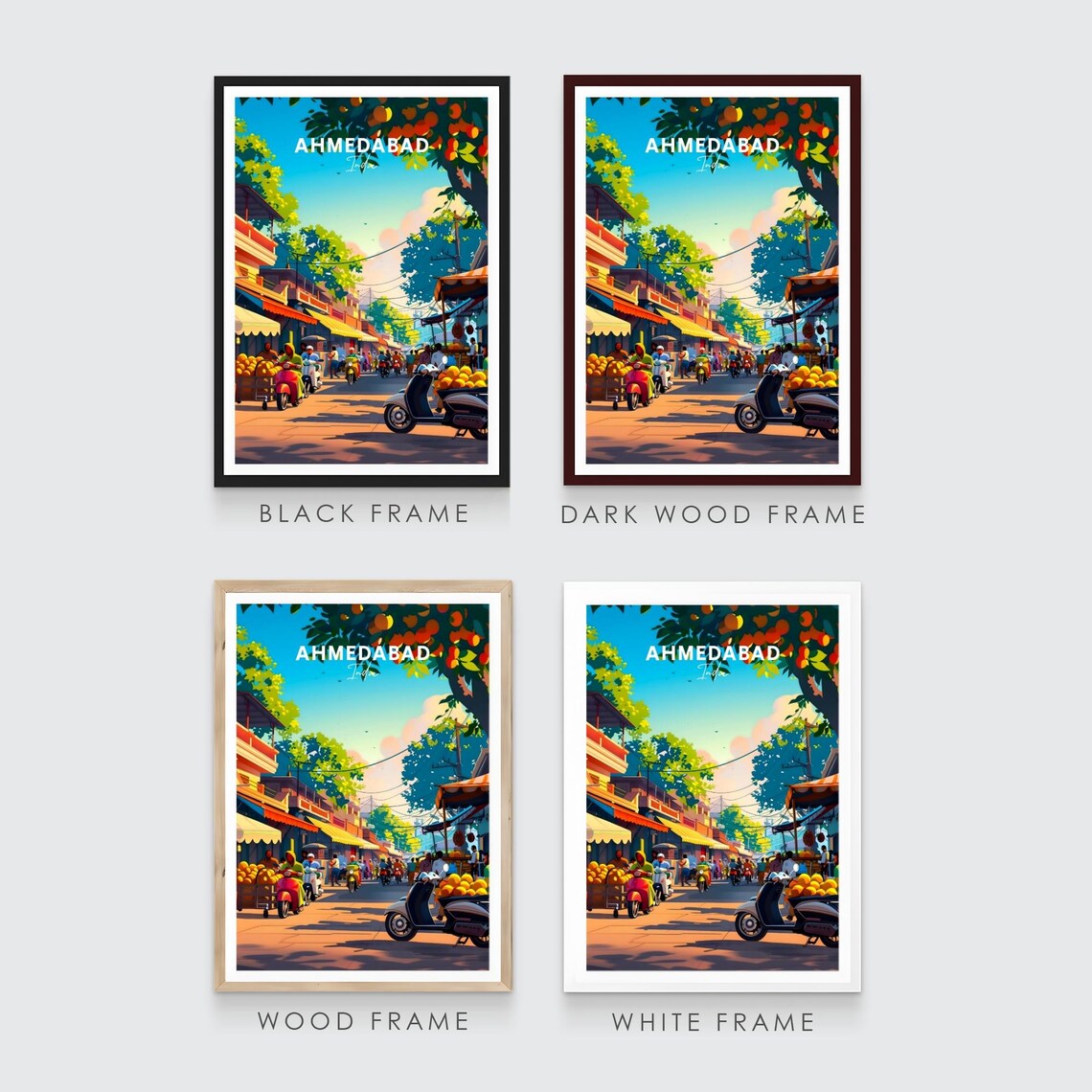 Ahmedabad India Bustling Market Street Scooters Travel Poster - Image 3