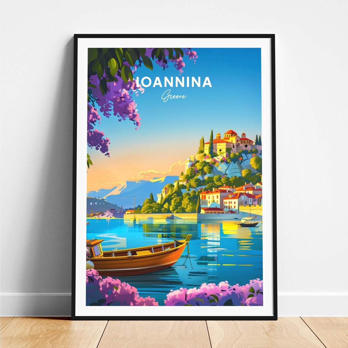 Ioannina Greece Hilltop Old Town on Lake with Fishing Boat Poster