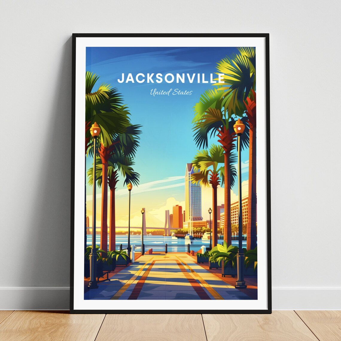 Jacksonville Florida Riverwalk Promenade at Sunset Travel Poster