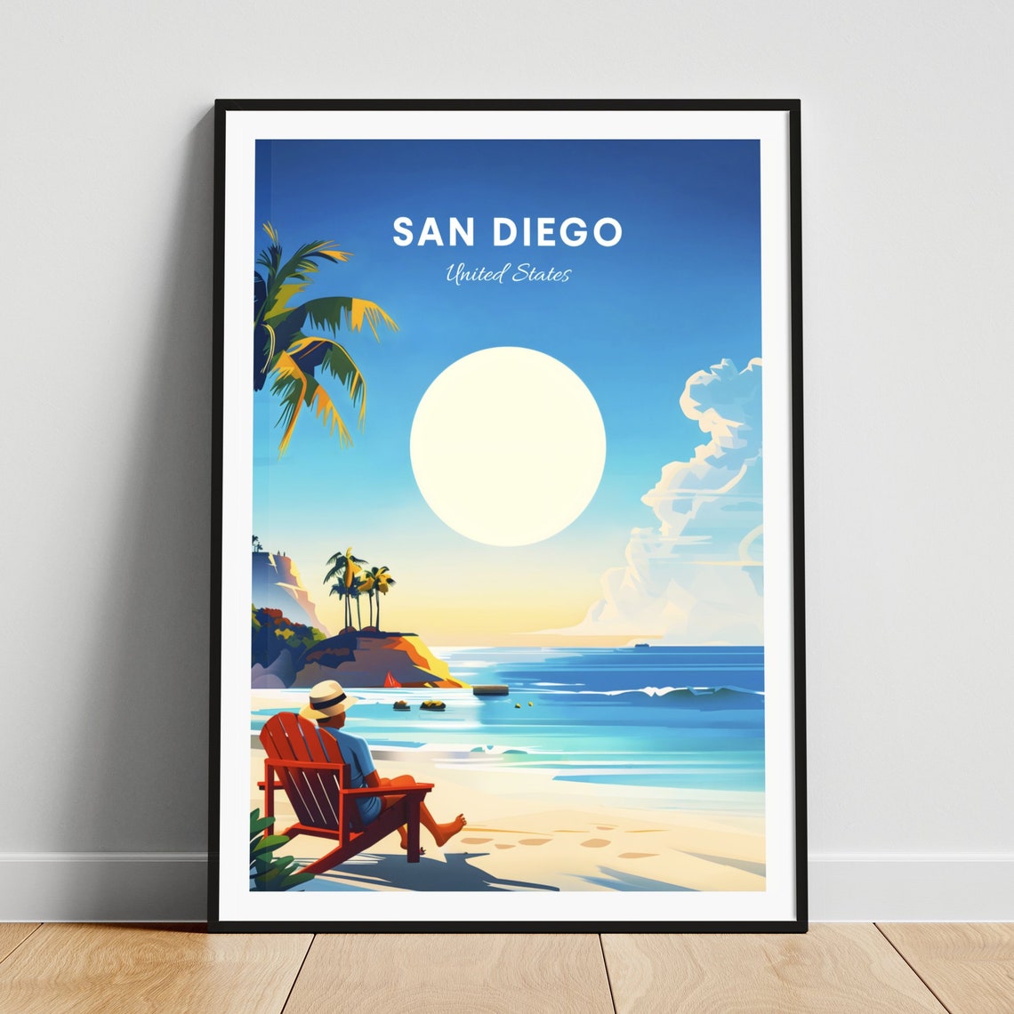 San Diego California Sunny Beach Chair Ocean Waves Travel Poster