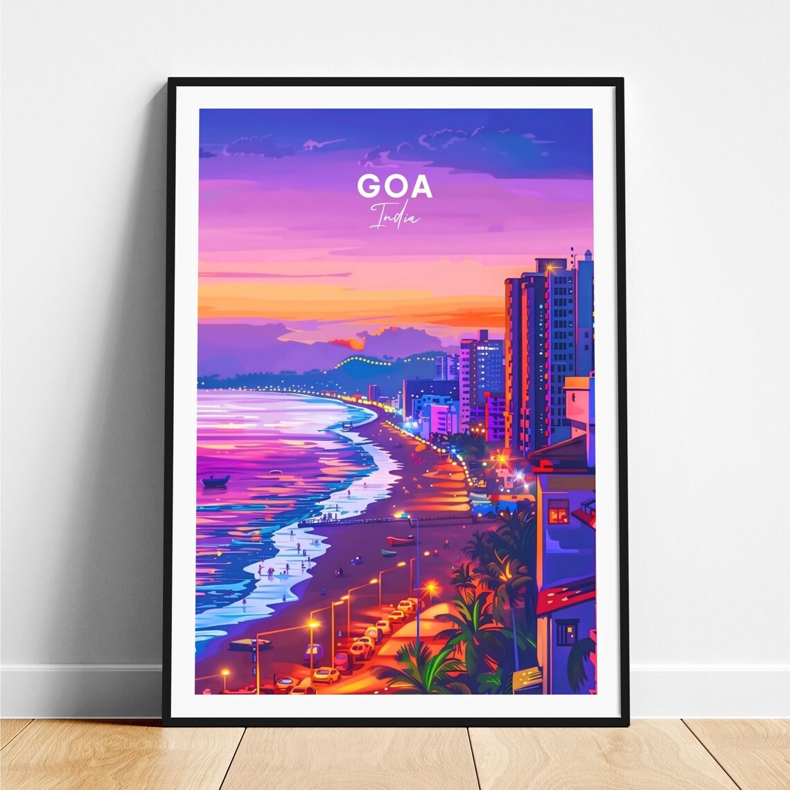 Goa India Coastal City Night Purple Sunset Beach Lights Travel Poster