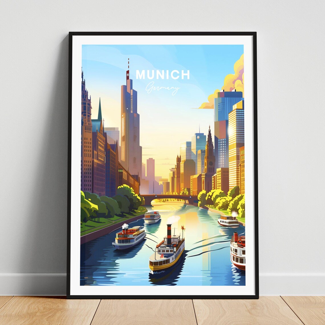 Munich Germany River Steamboat Skyline Vintage Travel Poster Art