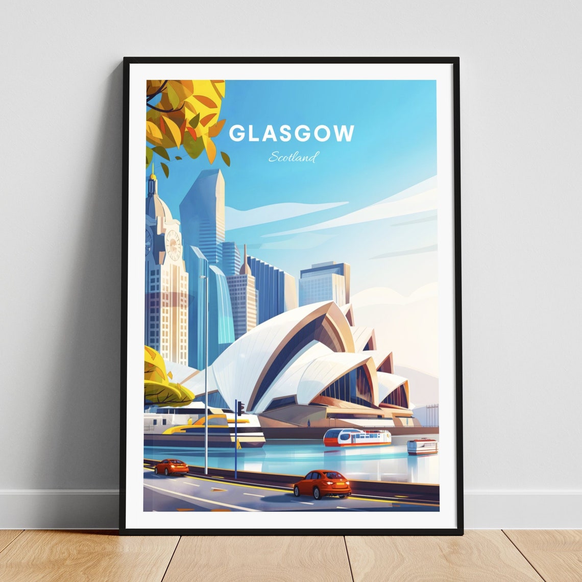 Glasgow Scotland Modern City Skyline Waterfront Travel Poster