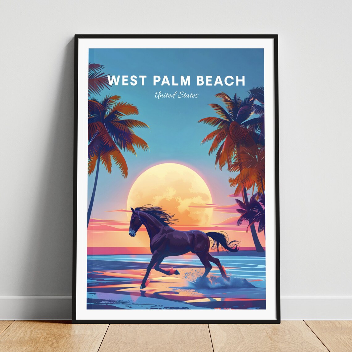 West Palm Beach Florida Horse Gallop Beach Sunset Travel Poster