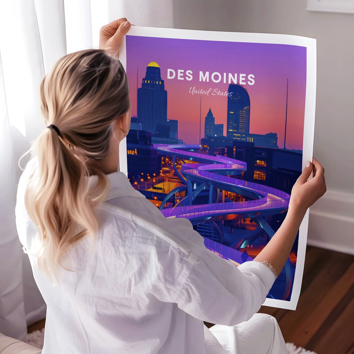 Des Moines Illuminated Skywalk Bridge at Night Travel Poster - Image 3