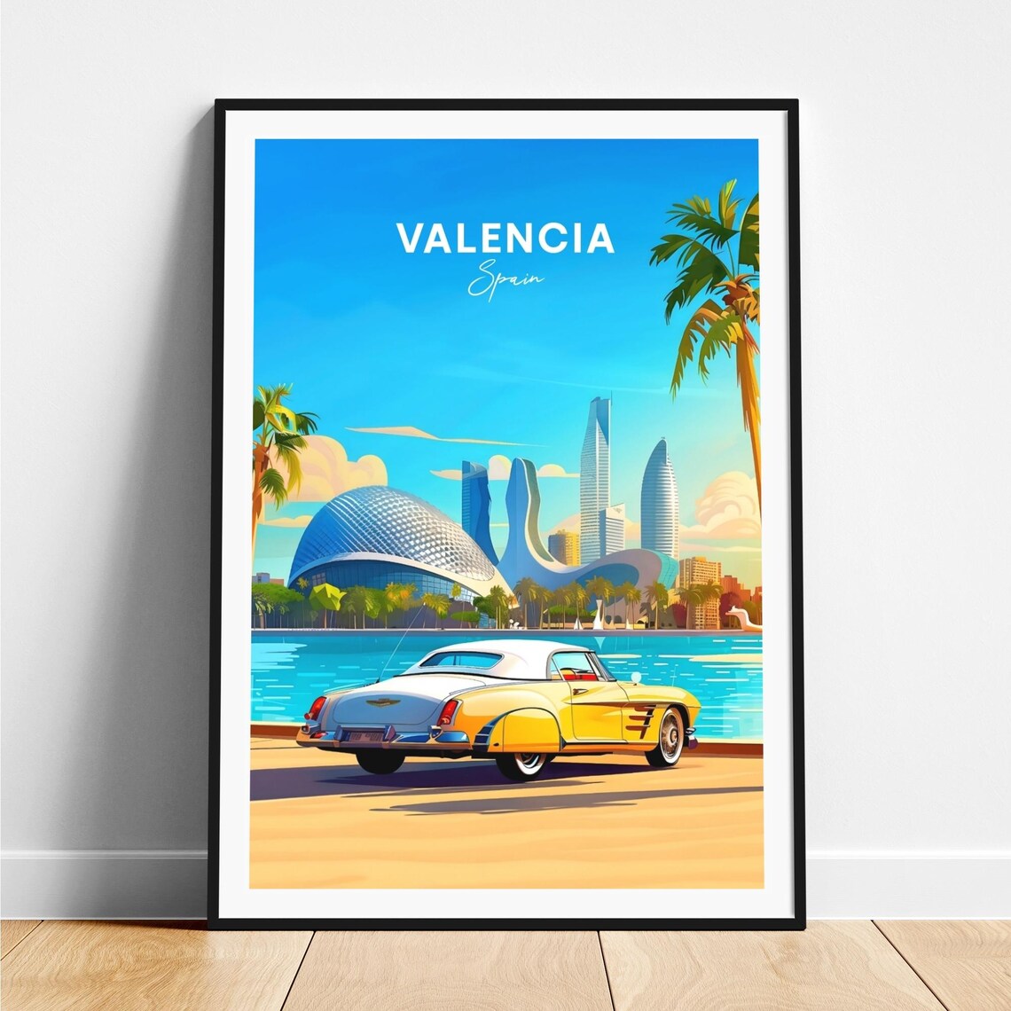 Valencia Modern Skyline Classic Yellow Car Seaside Travel Poster