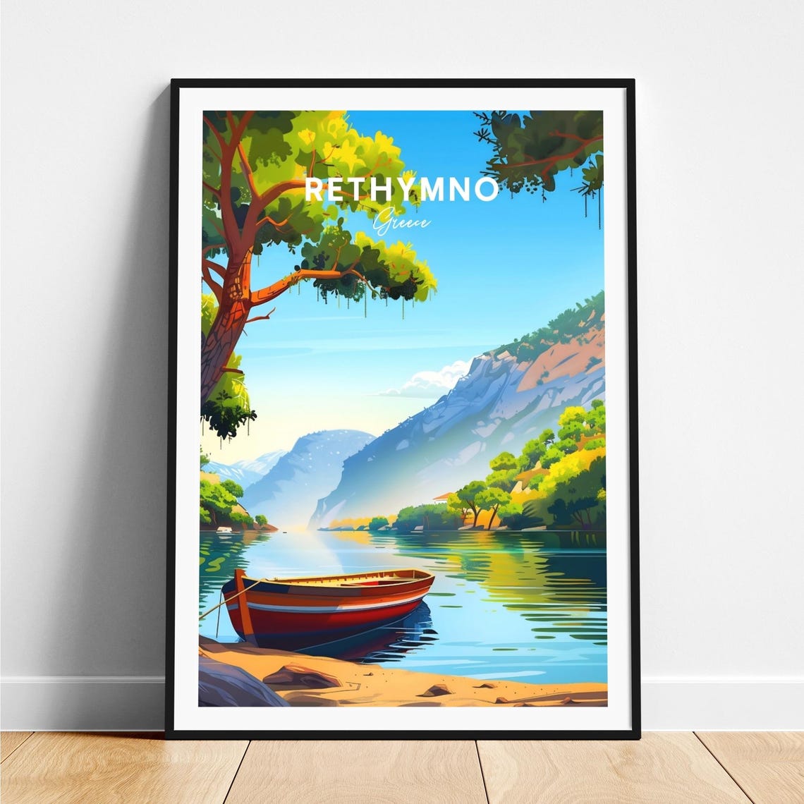 Rethymno Greece Calm Lake Red Boat Mountain View Travel Poster