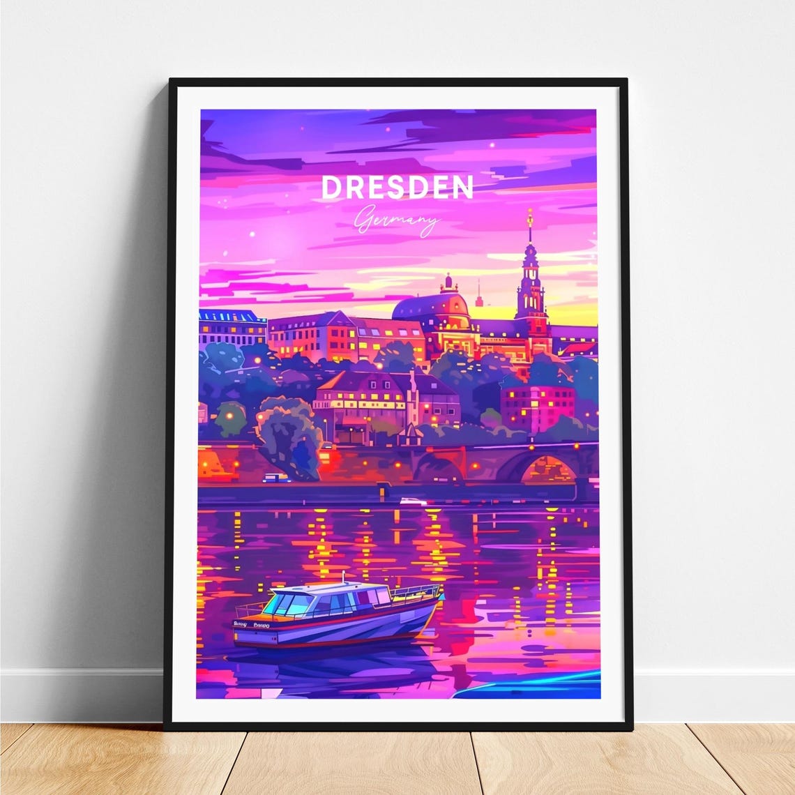 Dresden Germany River Boat Neon Sunset Skyline View Art Poster