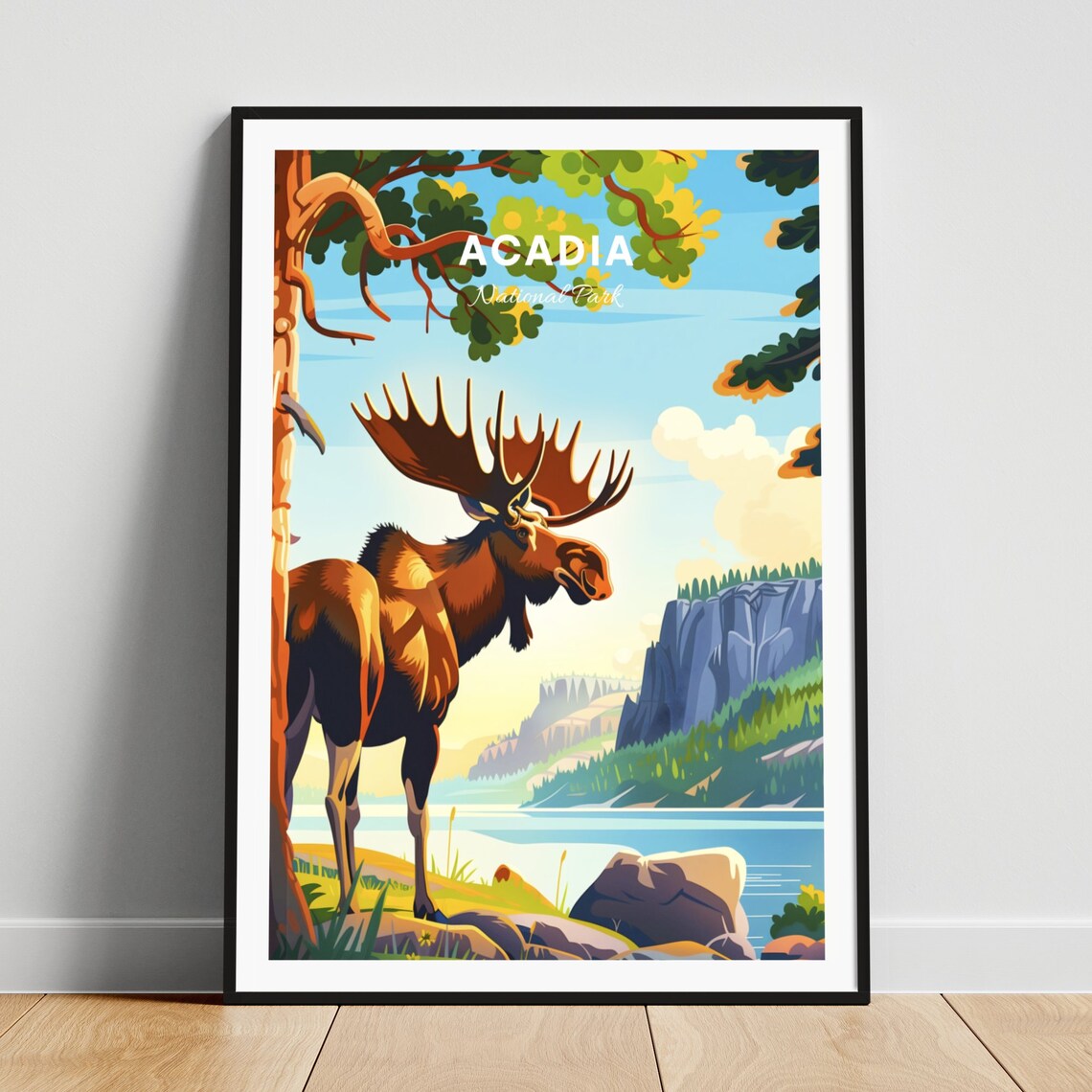 Acadia National Park Moose Coastline Cliffs Morning Travel Poster