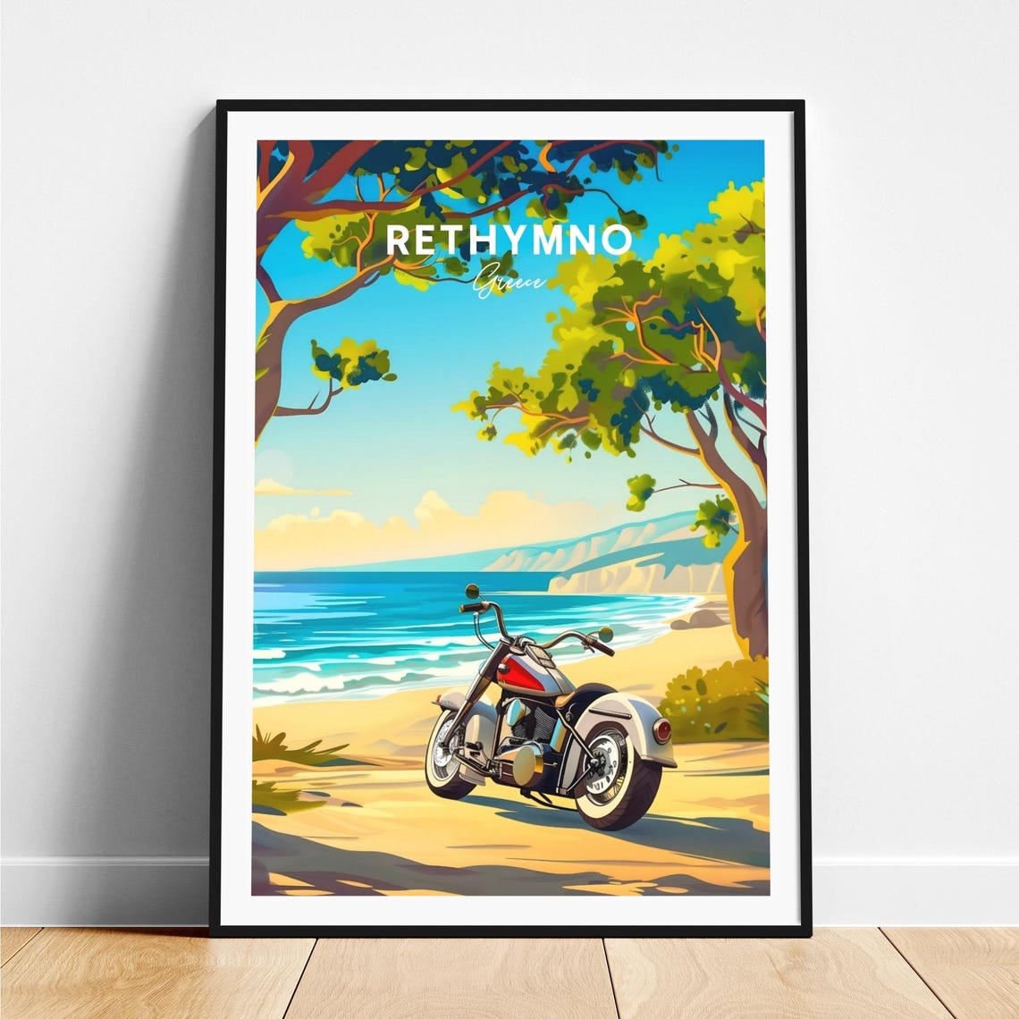 Rethymno Greece Vintage Motorcycle Beach Shoreline Trees Travel Poster