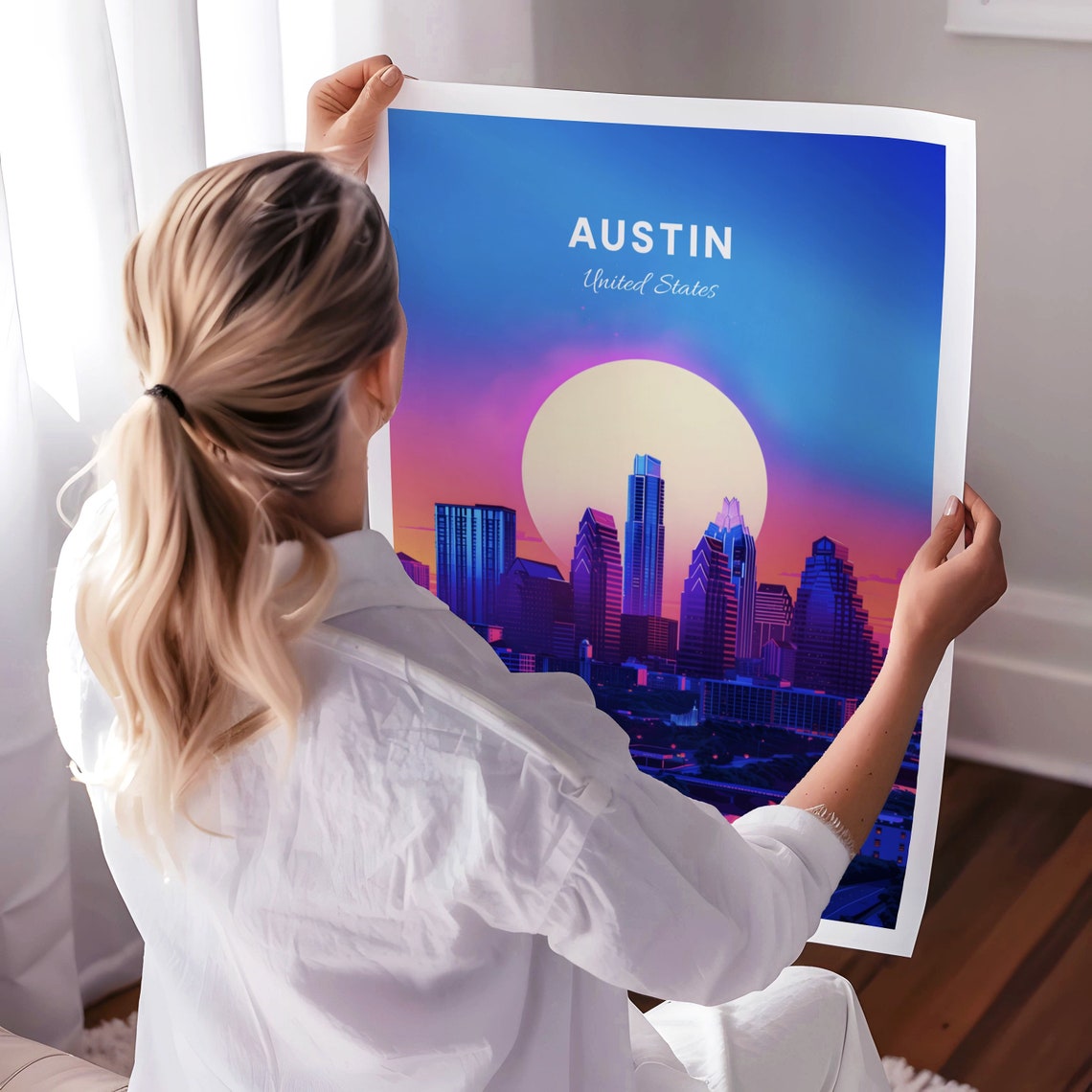 Austin Sunset Skyline with a Full Moon Over the River Poster - Image 3
