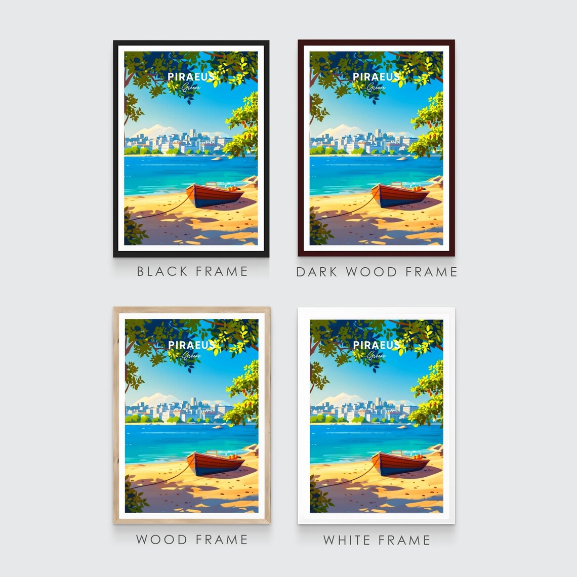 Piraeus Greece Beached Red Boat Skyline Coastal View Travel Poster - Image 3