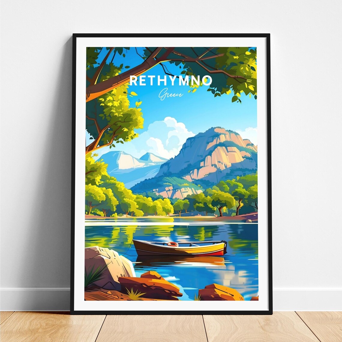 Rethymno Greece Rowboat Mountain Lake Calm Water Travel Poster